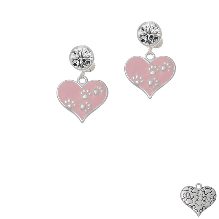 Pink Enamel Heart with Paw Prints Crystal Clip On Earrings Image 2