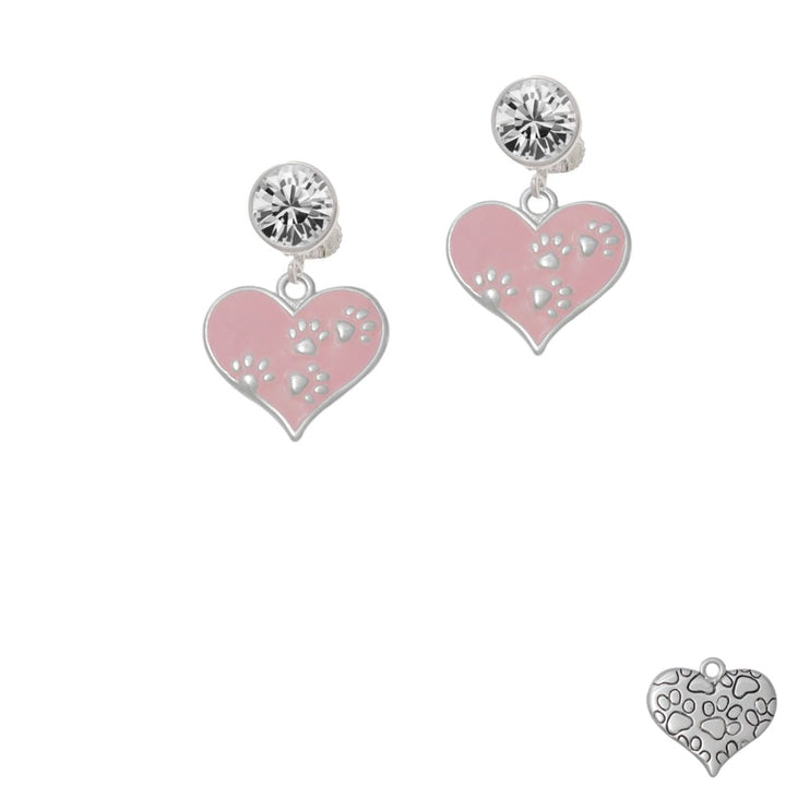 Pink Enamel Heart with Paw Prints Crystal Clip On Earrings Image 1