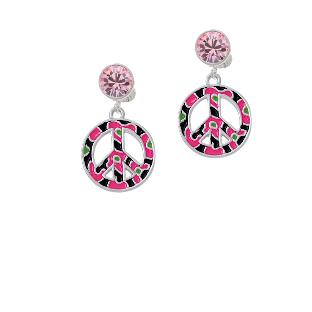 Large Hot Pink Cheetah Print Peace Sign Crystal Clip On Earrings Image 4