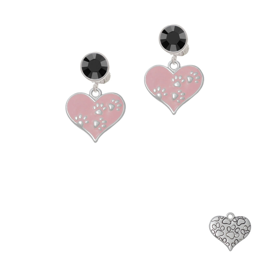 Pink Enamel Heart with Paw Prints Crystal Clip On Earrings Image 3