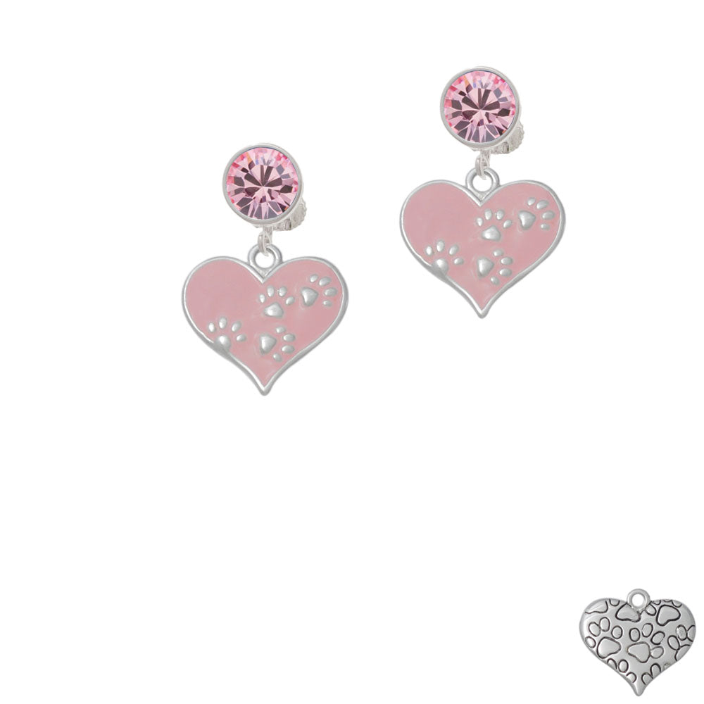 Pink Enamel Heart with Paw Prints Crystal Clip On Earrings Image 4