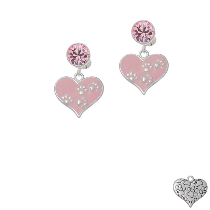 Pink Enamel Heart with Paw Prints Crystal Clip On Earrings Image 4