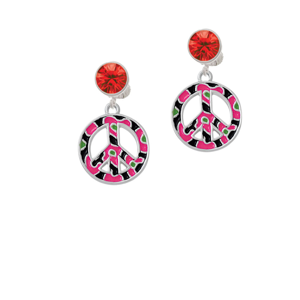 Large Hot Pink Cheetah Print Peace Sign Crystal Clip On Earrings Image 4