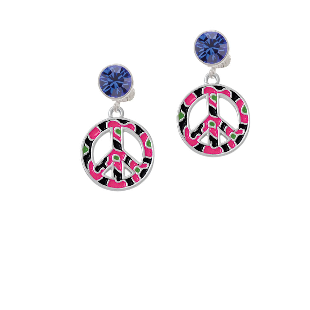 Large Hot Pink Cheetah Print Peace Sign Crystal Clip On Earrings Image 7