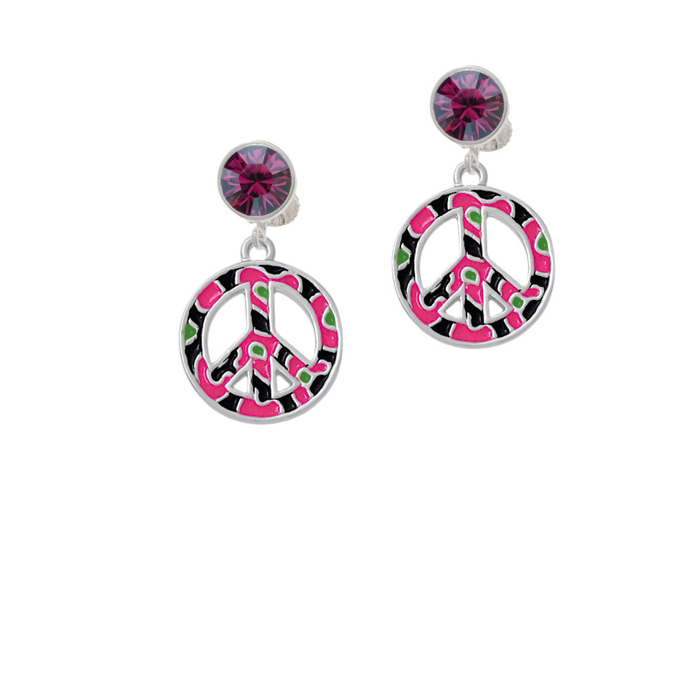 Large Hot Pink Cheetah Print Peace Sign Crystal Clip On Earrings Image 8