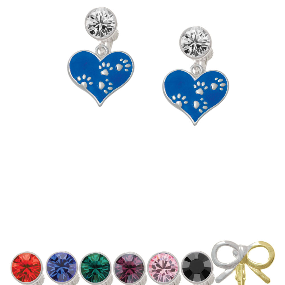 Royal Blue Enamel Heart with Paw Prints Crystal Clip On Earrings Image 1