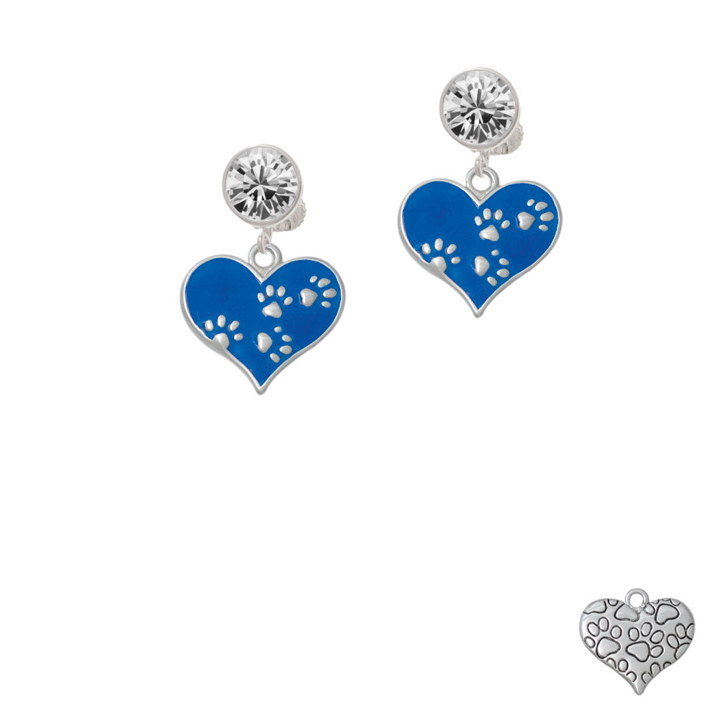 Royal Blue Enamel Heart with Paw Prints Crystal Clip On Earrings Image 2