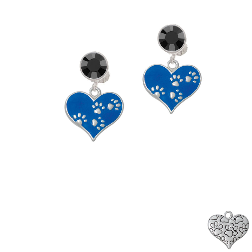 Royal Blue Enamel Heart with Paw Prints Crystal Clip On Earrings Image 3