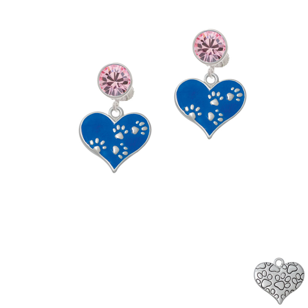 Royal Blue Enamel Heart with Paw Prints Crystal Clip On Earrings Image 4