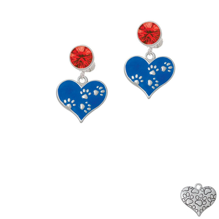 Royal Blue Enamel Heart with Paw Prints Crystal Clip On Earrings Image 1