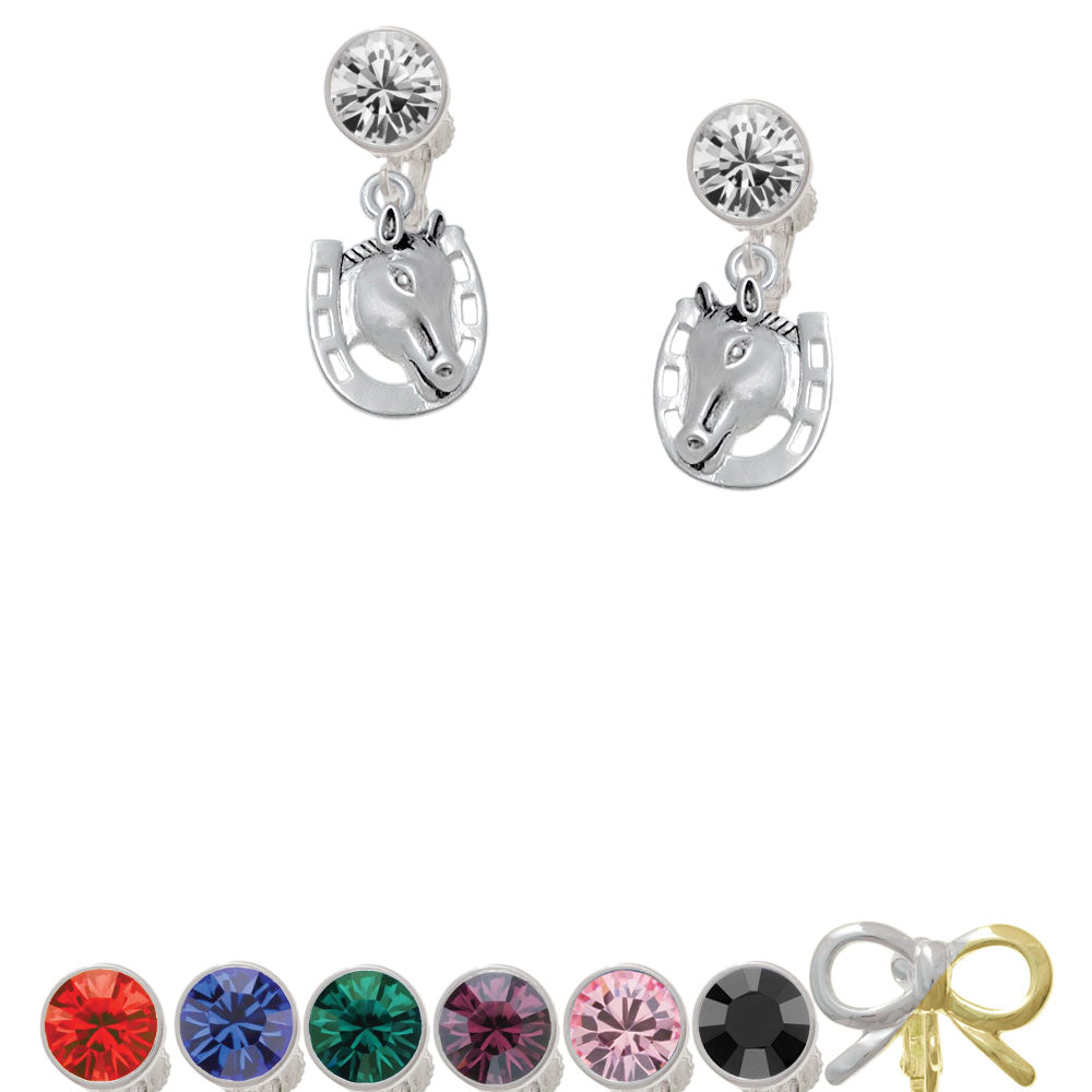 Horse Head with Horseshoe - 2 Sided Crystal Clip On Earrings Image 1