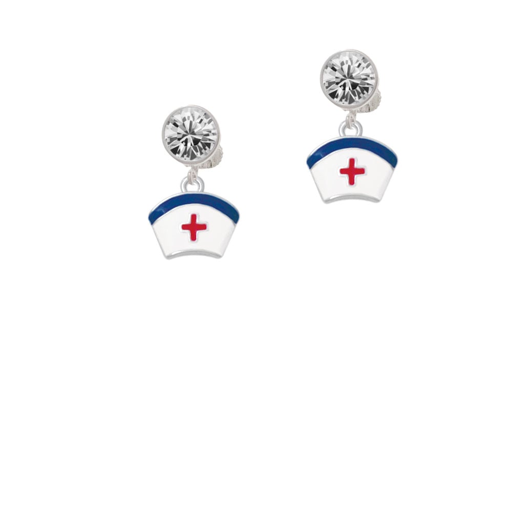 Enamel Nurse Hat - 2 Sided Crystal Clip On Earrings Image 1