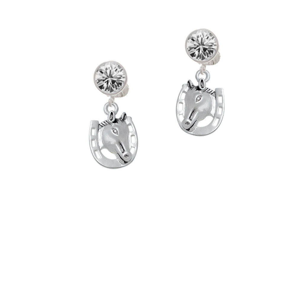 Horse Head with Horseshoe - 2 Sided Crystal Clip On Earrings Image 2