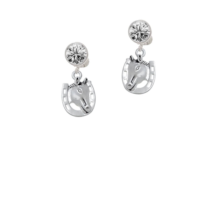 Horse Head with Horseshoe - 2 Sided Crystal Clip On Earrings Image 1