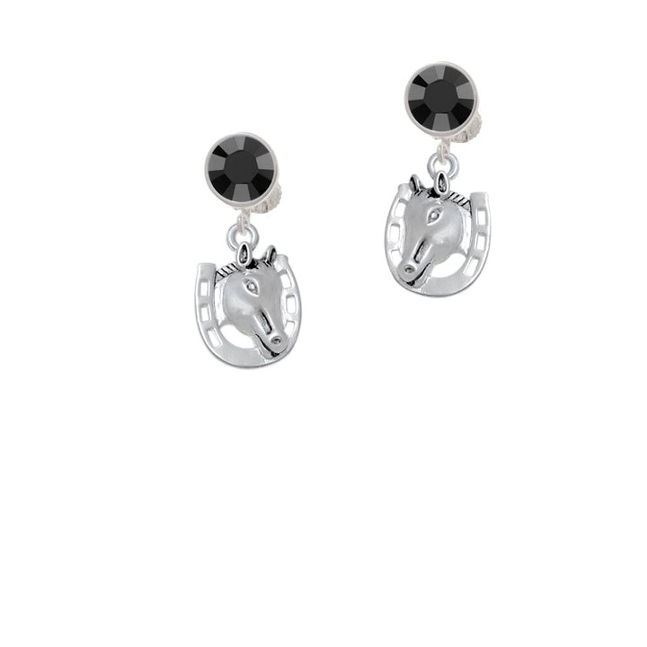 Horse Head with Horseshoe - 2 Sided Crystal Clip On Earrings Image 1