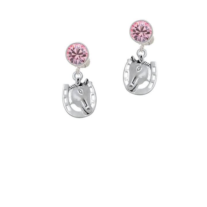 Horse Head with Horseshoe - 2 Sided Crystal Clip On Earrings Image 1