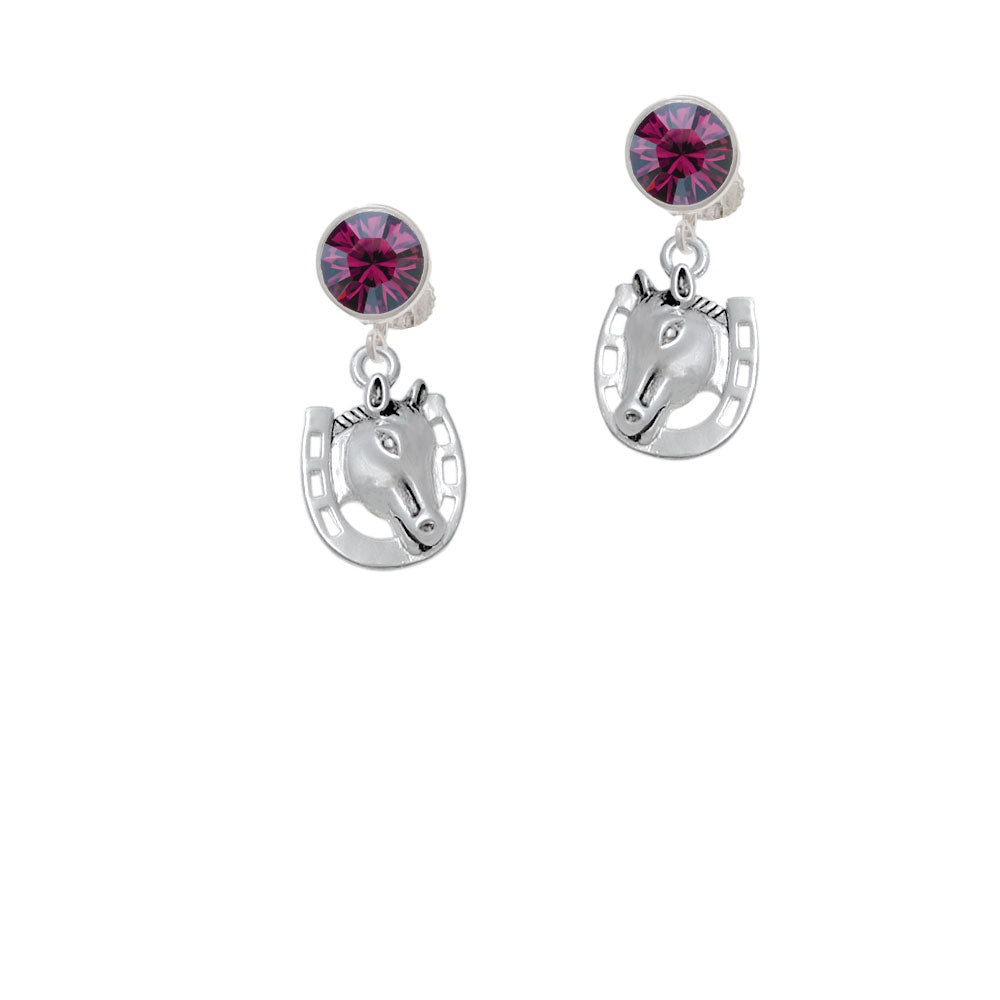 Horse Head with Horseshoe - 2 Sided Crystal Clip On Earrings Image 8