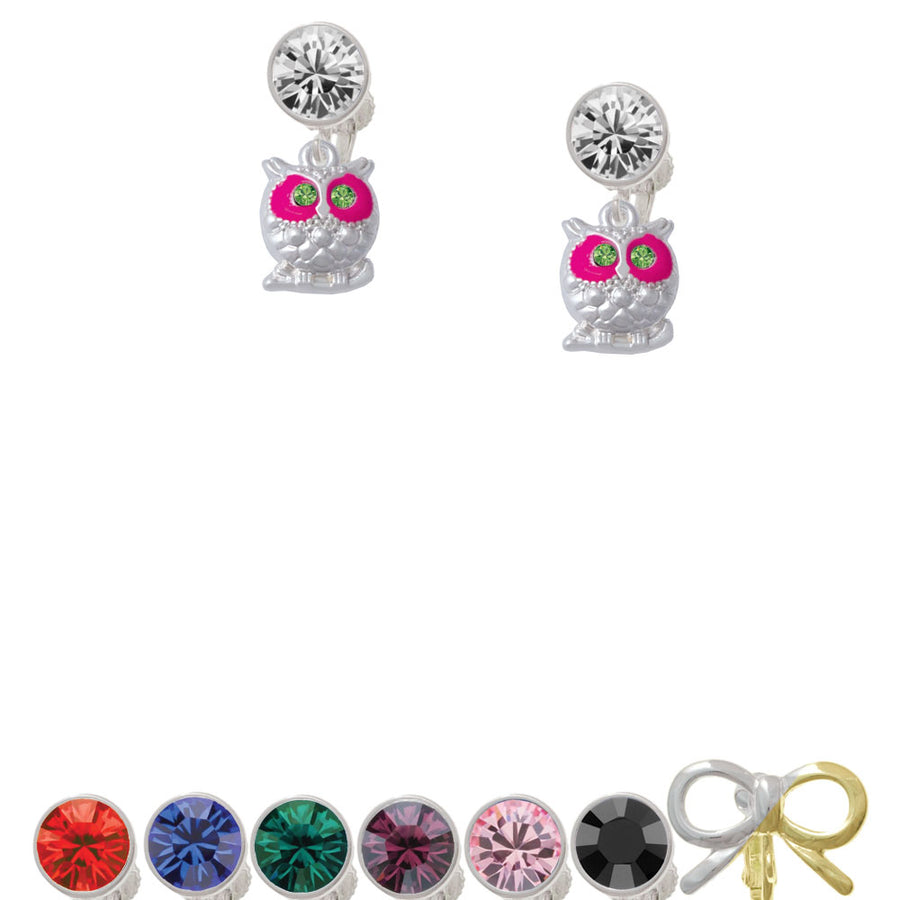 Owl with Hot Pink and Lime Green Crystal Eyes Crystal Clip On Earrings Image 1