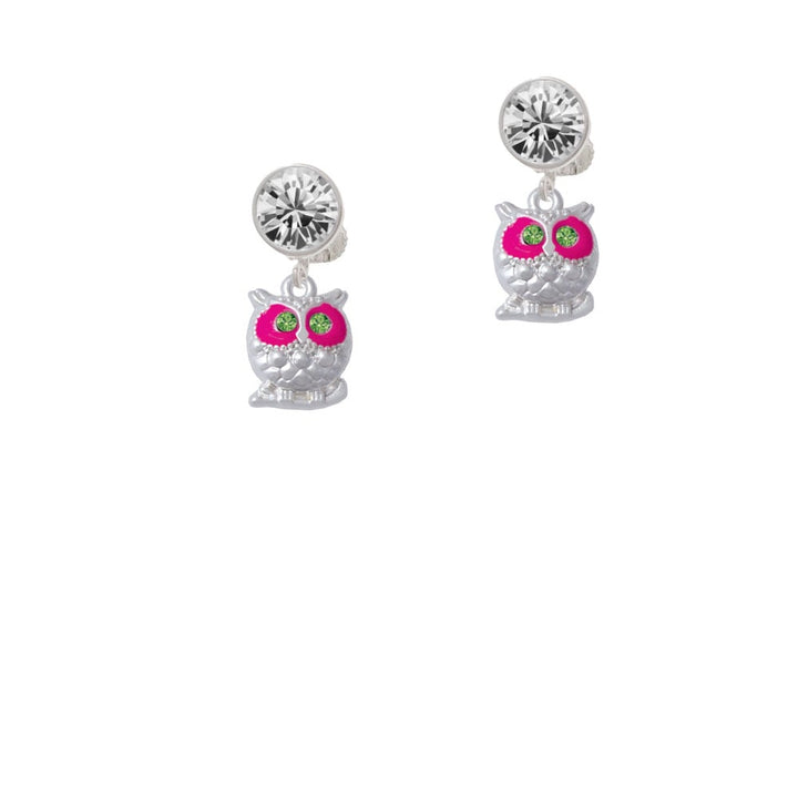 Owl with Hot Pink and Lime Green Crystal Eyes Crystal Clip On Earrings Image 2