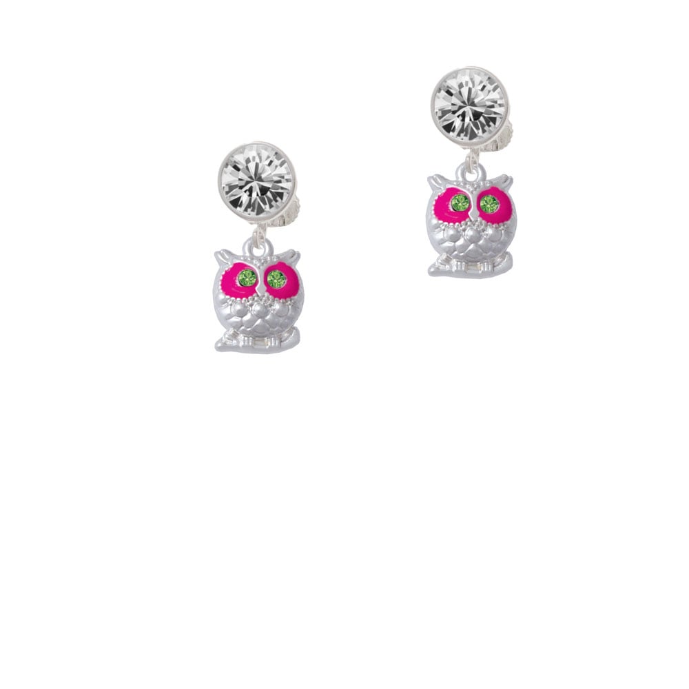 Owl with Hot Pink and Lime Green Crystal Eyes Crystal Clip On Earrings Image 1