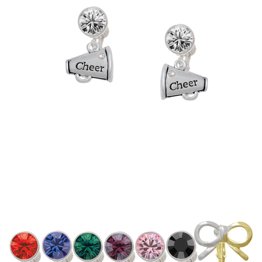 Cheer Megaphone with AB Crystal - 2 Sided Crystal Clip On Earrings Image 1