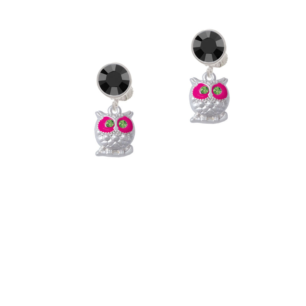 Owl with Hot Pink and Lime Green Crystal Eyes Crystal Clip On Earrings Image 3