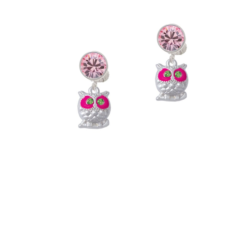 Owl with Hot Pink and Lime Green Crystal Eyes Crystal Clip On Earrings Image 4