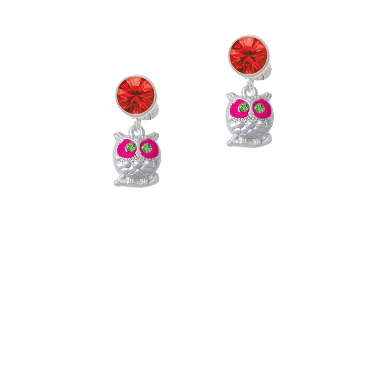 Owl with Hot Pink and Lime Green Crystal Eyes Crystal Clip On Earrings Image 4