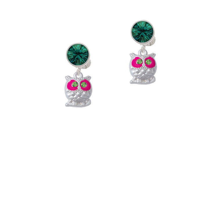 Owl with Hot Pink and Lime Green Crystal Eyes Crystal Clip On Earrings Image 6