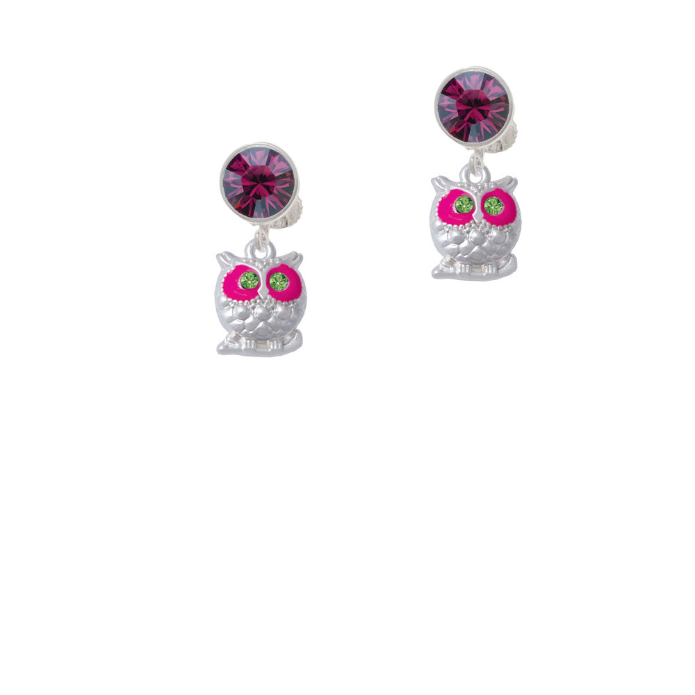 Owl with Hot Pink and Lime Green Crystal Eyes Crystal Clip On Earrings Image 8