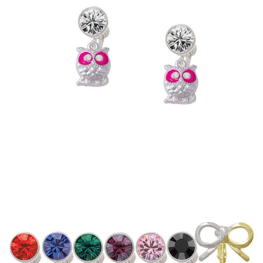 Owl with Hot Pink and Clear Crystal Eyes Crystal Clip On Earrings Image 1