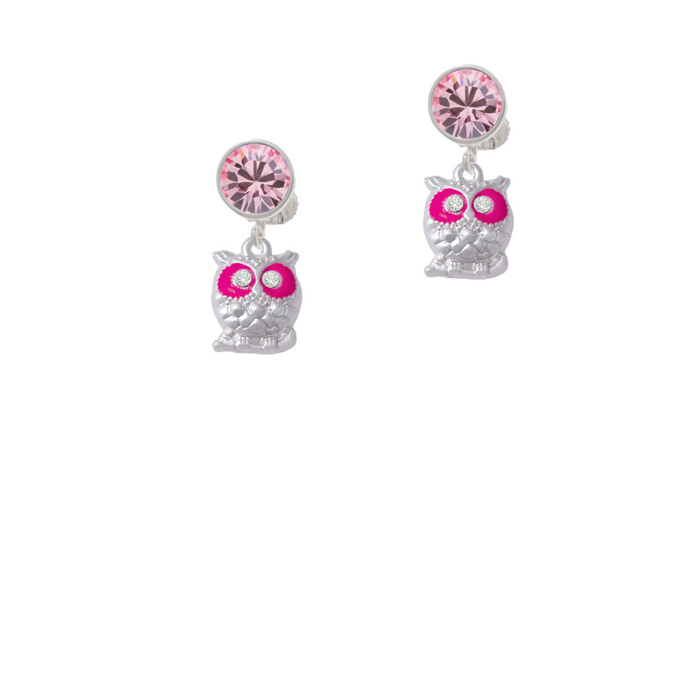 Owl with Hot Pink and Clear Crystal Eyes Crystal Clip On Earrings Image 4