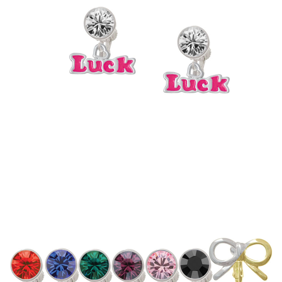 Hot Pink Luck with Heart Crystal Clip On Earrings Image 1