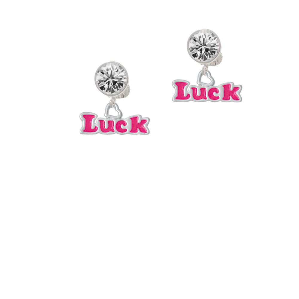 Hot Pink Luck with Heart Crystal Clip On Earrings Image 2