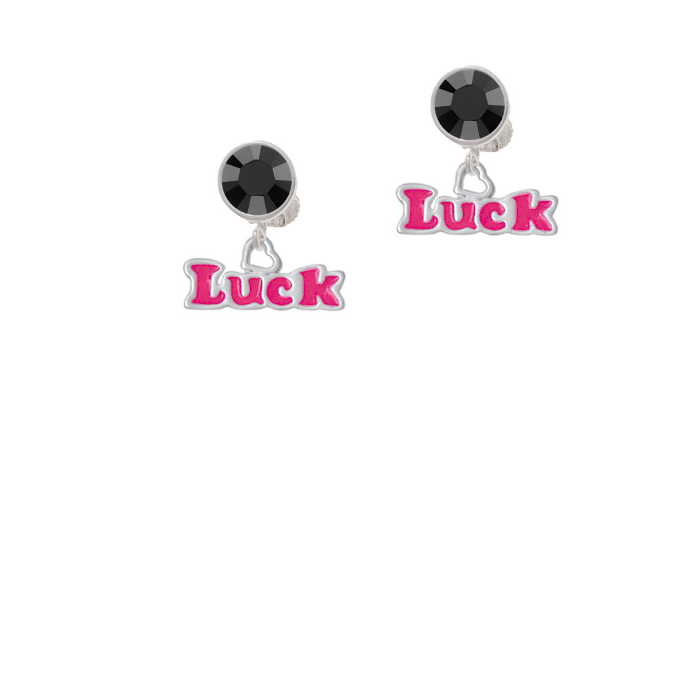 Hot Pink Luck with Heart Crystal Clip On Earrings Image 3