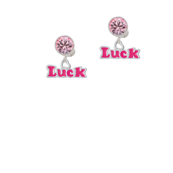 Hot Pink Luck with Heart Crystal Clip On Earrings Image 4