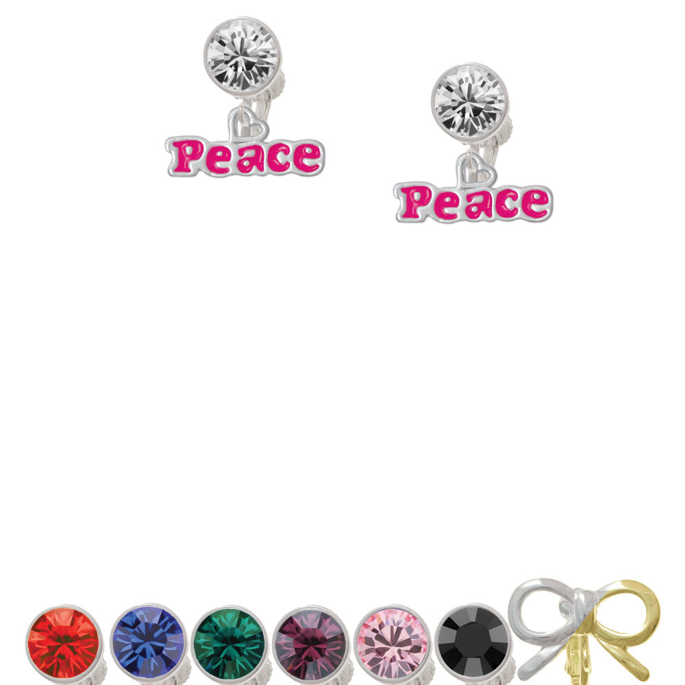 Hot Pink Peace with Heart Crystal Clip On Earrings Image 1