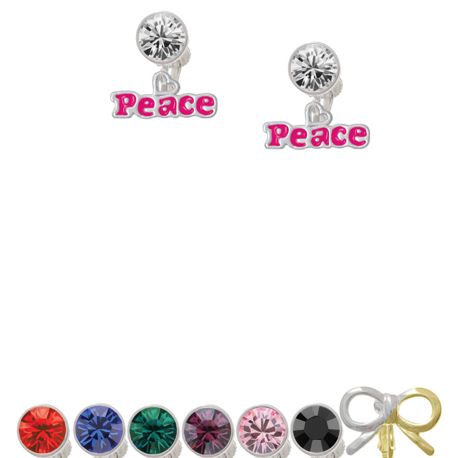 Hot Pink Peace with Heart Crystal Clip On Earrings Image 1