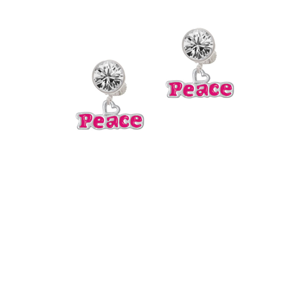 Hot Pink Peace with Heart Crystal Clip On Earrings Image 2