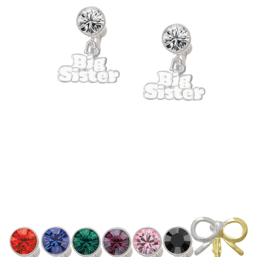 White Big Sister with Heart Crystal Clip On Earrings Image 1