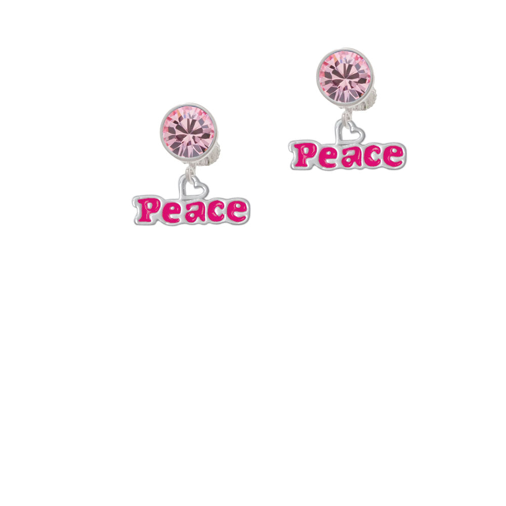 Hot Pink Peace with Heart Crystal Clip On Earrings Image 4