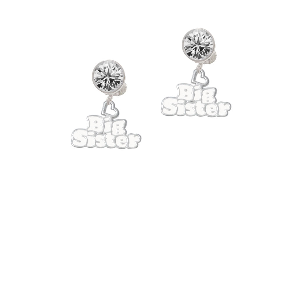 White Big Sister with Heart Crystal Clip On Earrings Image 2