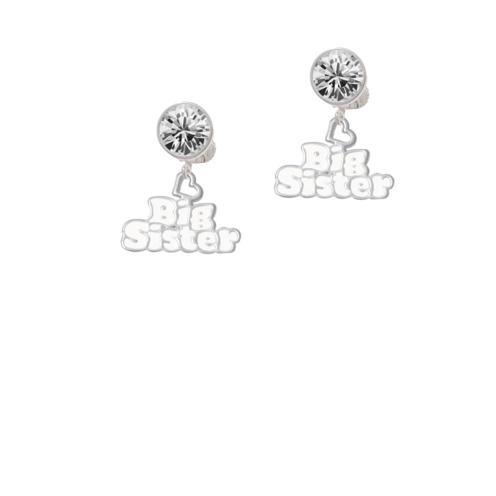 White Big Sister with Heart Crystal Clip On Earrings Image 1