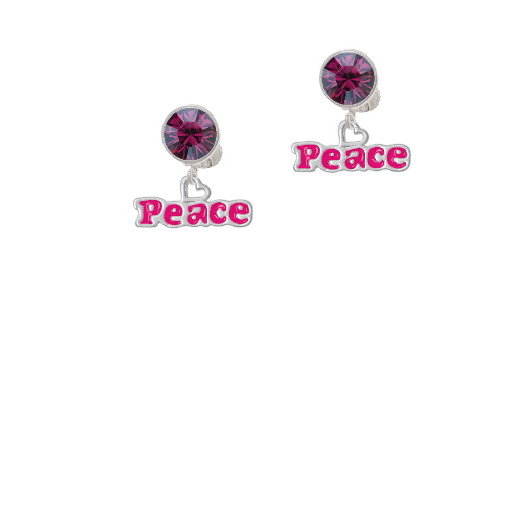 Hot Pink Peace with Heart Crystal Clip On Earrings Image 8