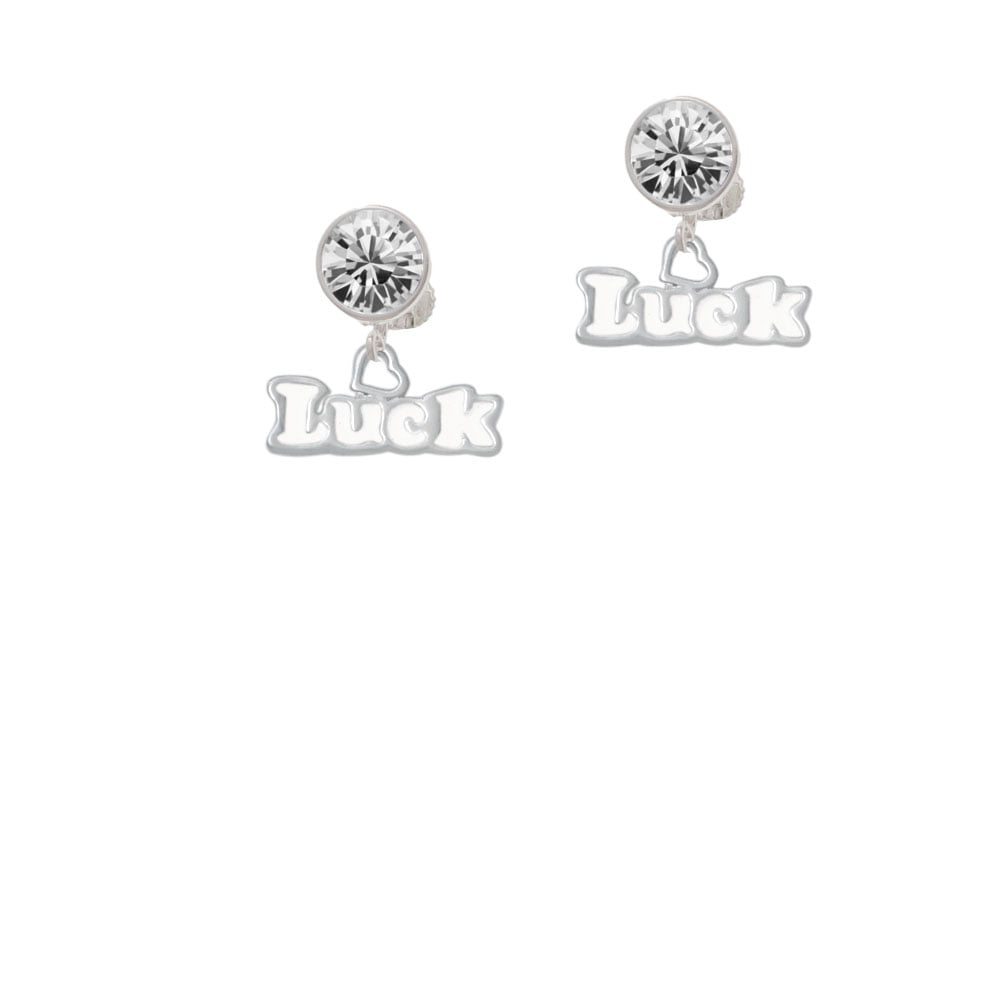 White Luck with Heart Crystal Clip On Earrings Image 2