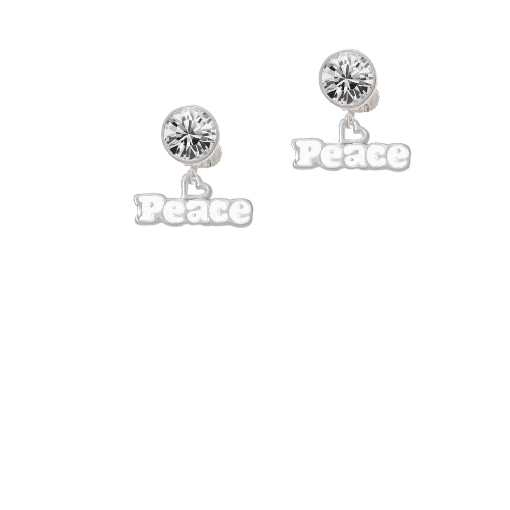 White Peace with Heart Crystal Clip On Earrings Image 2