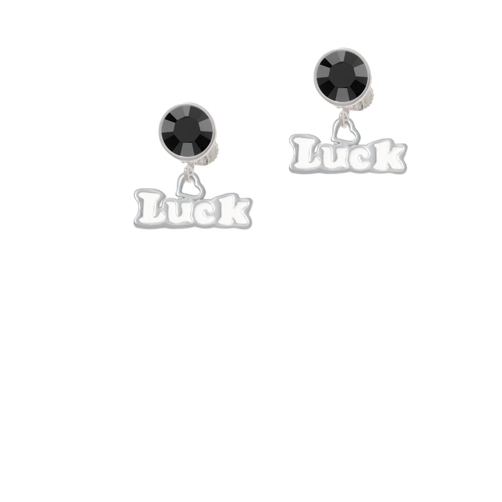 White Luck with Heart Crystal Clip On Earrings Image 1