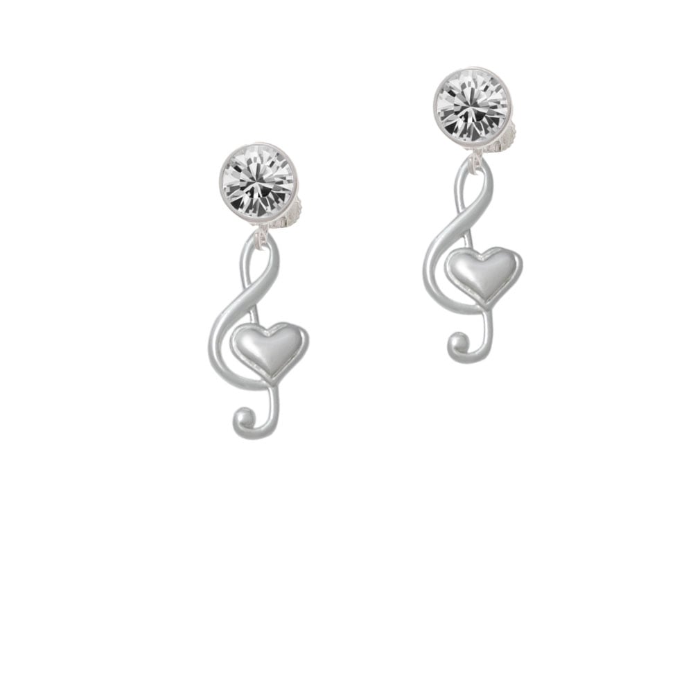 Large Clef with Heart Crystal Clip On Earrings Image 1