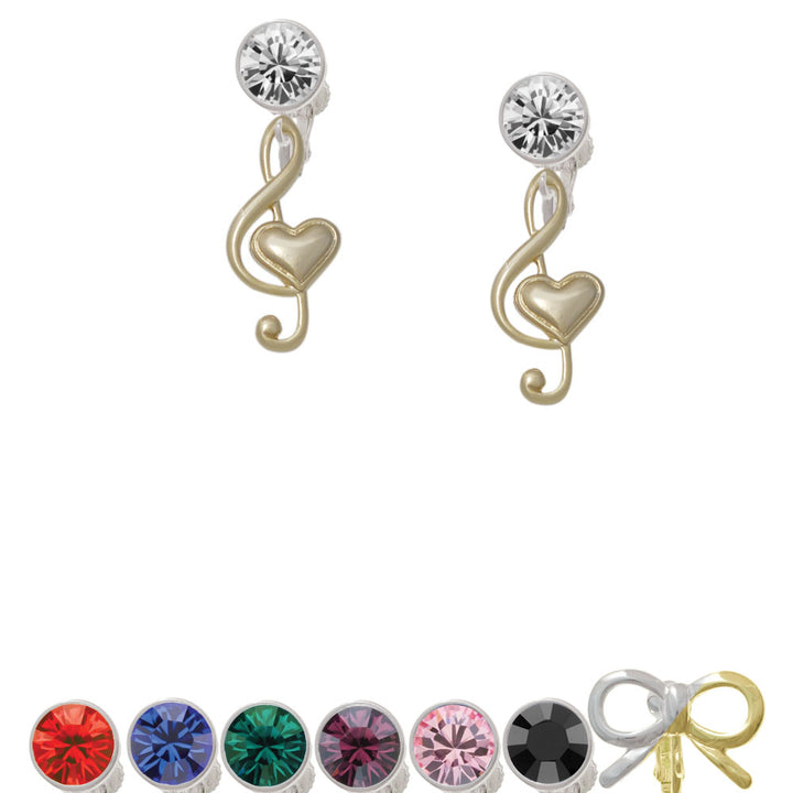 Large Gold Tone Clef with Heart Crystal Clip On Earrings Image 1