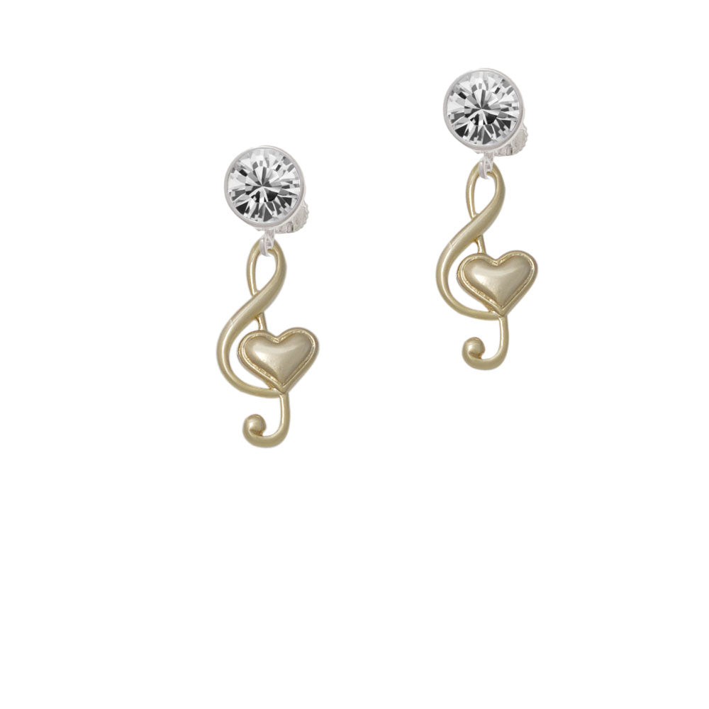 Large Gold Tone Clef with Heart Crystal Clip On Earrings Image 2